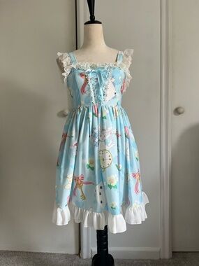 Light Blue Ruffle-Trim Girls' Casual Dress with Playful Print